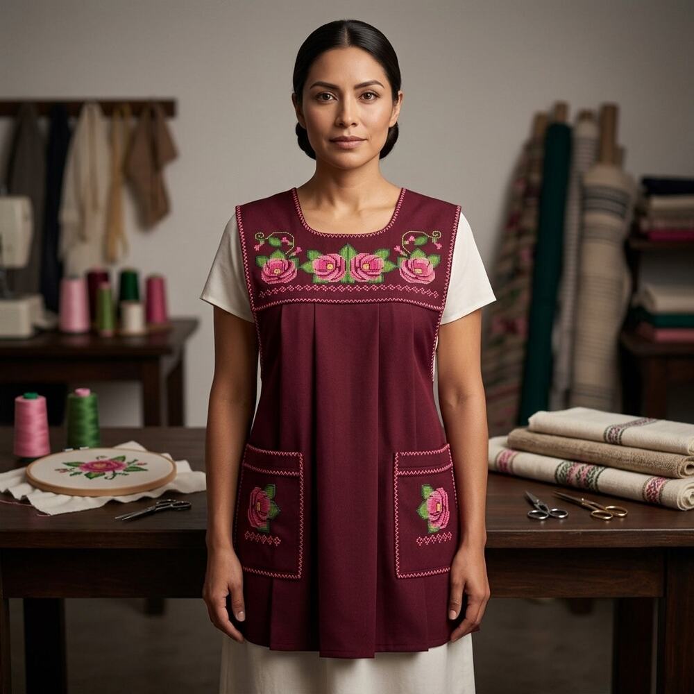 Traditional Mexican Cross-Stitch Embroidered Apron – Deluxe Artisan Smock Style
